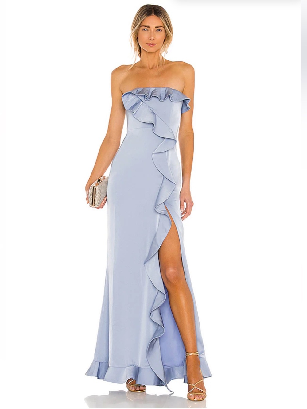 NWT NBD Luna Gown XS Baby Blue Strapless Ruffle Maxi Dress REVOLVE $278